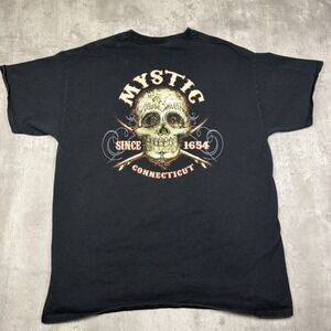 Mystic Connecticut T Shirt Mens Size Large Black Skull And Crossbones Surf Y2K